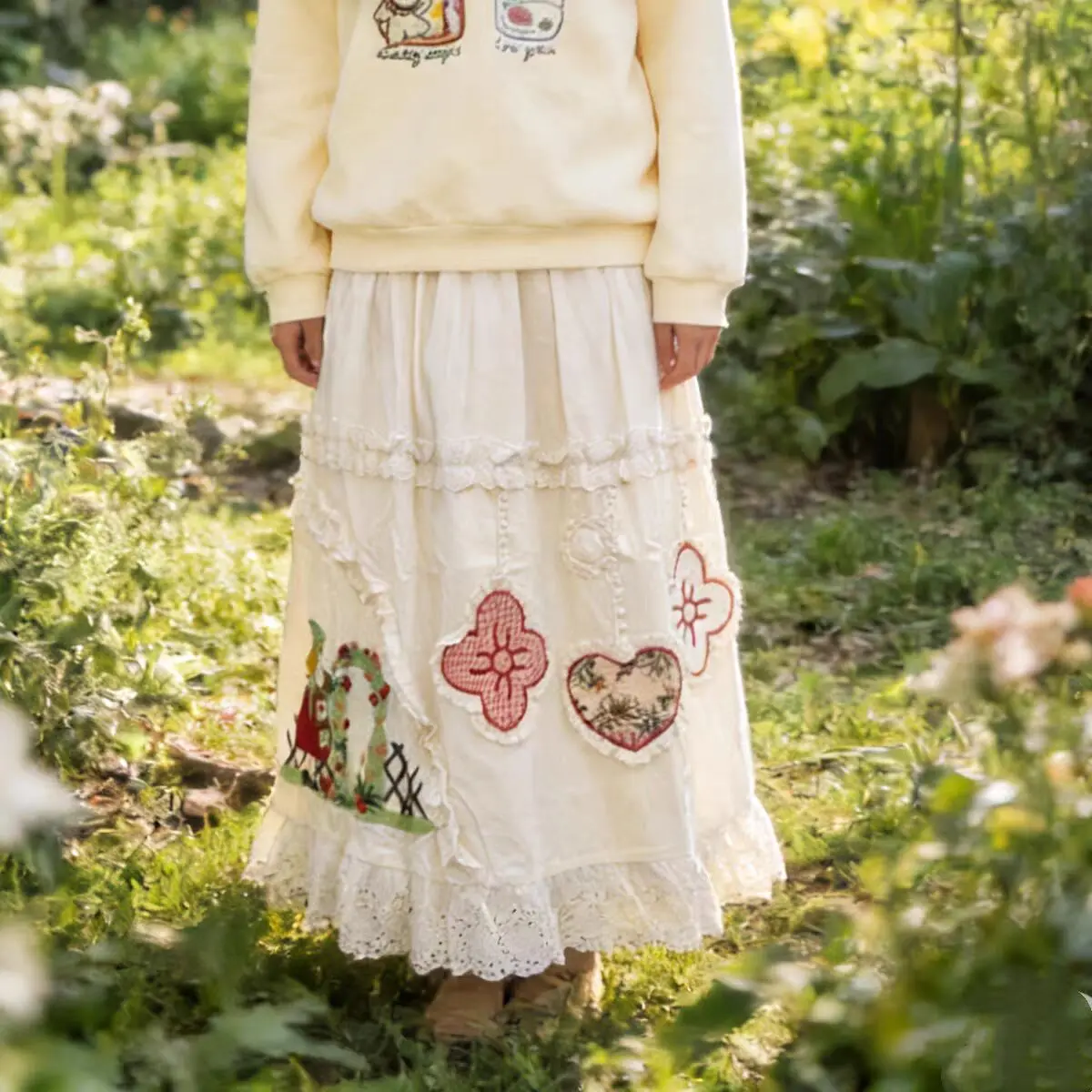 

Spring Autumn Girl Vintage Cotton Ruffled Lace Kawaii Cute Midi Skirt Mori Girl Lolita Korean Sweet Goblincore Long Skirt