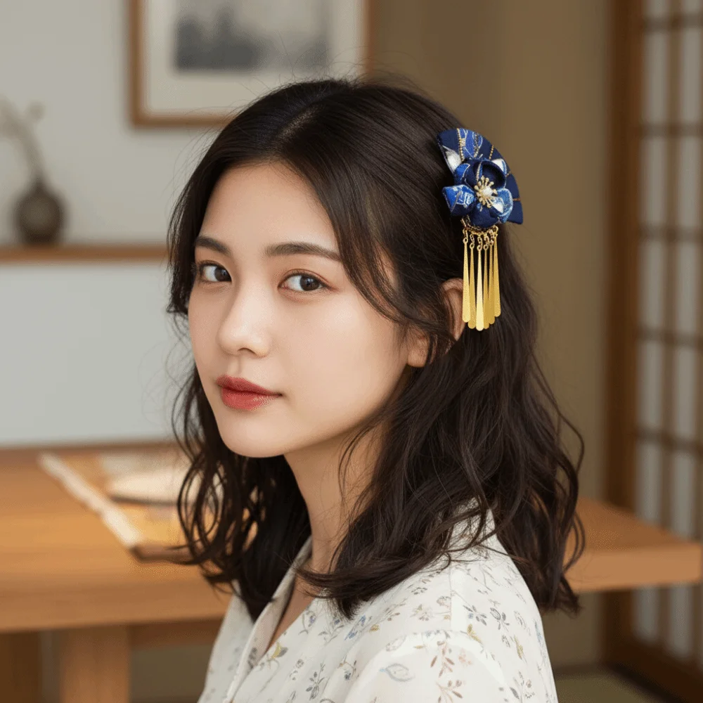 Elegant Kimono Hair Clip Metal Tassel Traditional Faux Pearl Decor Hair Clip Sakura Flower Cloth Fan Shape Hairpin
