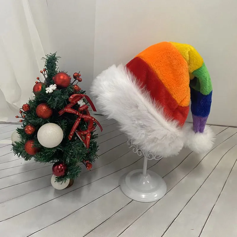 Splicing Christmas Santa Hat Xmas Long Plush Holiday Red Hat For Woman And Man Unisex New Year Festive Party Supplies Gifts