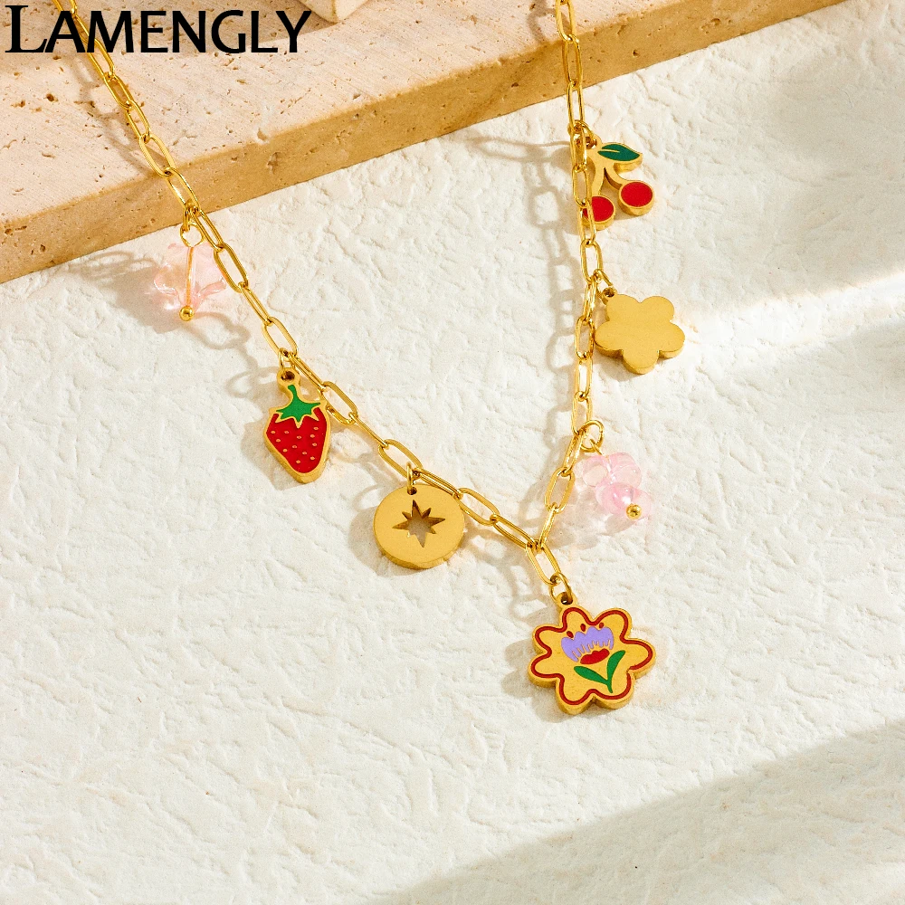 LAMENGLY 316L Stainless Steel Novel Fun Oil Drop Strawberry Cherry Flower Pendant Necklace For Women Girl Exquisite Link Chain