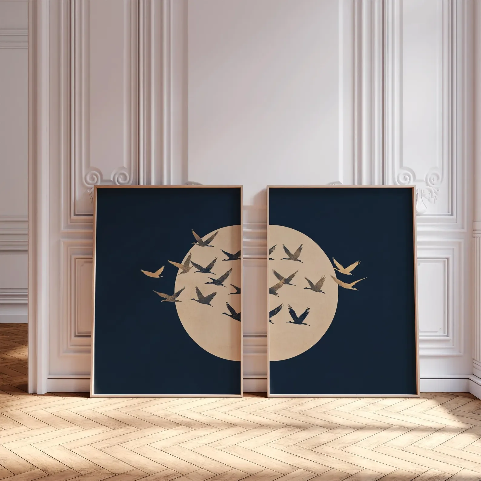 2pcs frameless Canvas Painting 2PCS Japanese Style Flying Cranes Poster  Blue Gold Moon Wall Decor  Elegant Gallery Wall Art  Ca