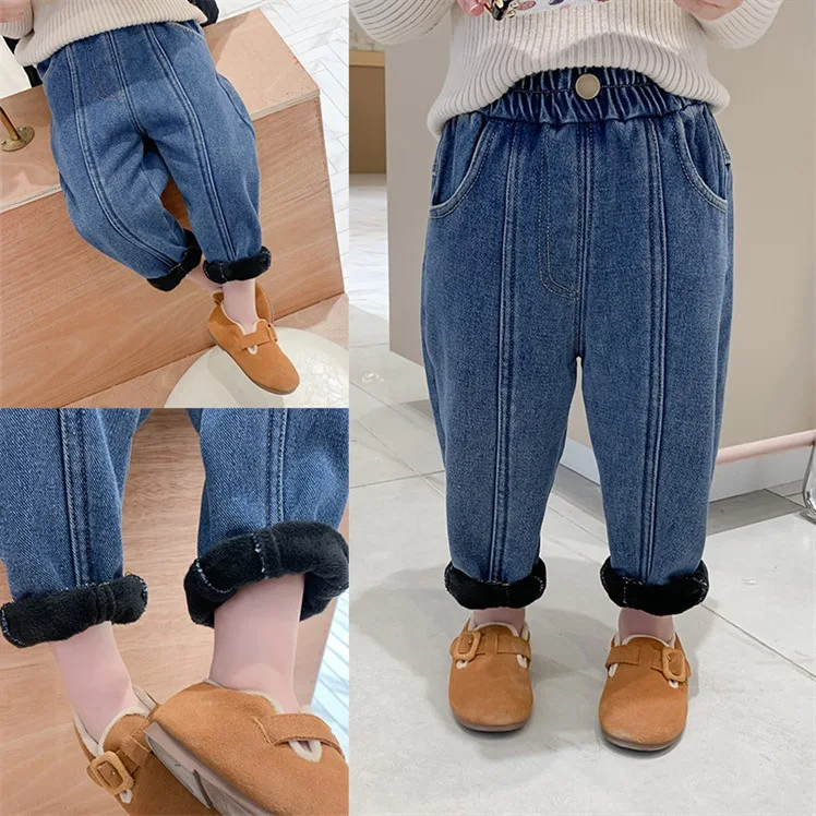 2026 Autumn Winter New Plush Denim Work Pants for Boys and Girls Versatile and Personalized Pants Trend Jeans