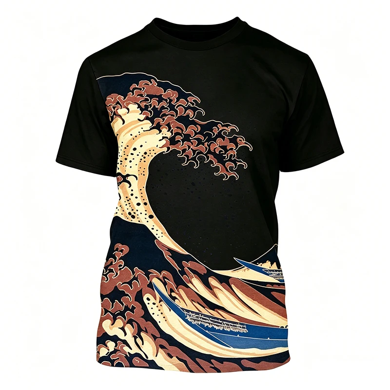 Japan waves Trendy short-sleeved T-shirts for men and women popular summer style versatile slim-fitting printed round neck tops