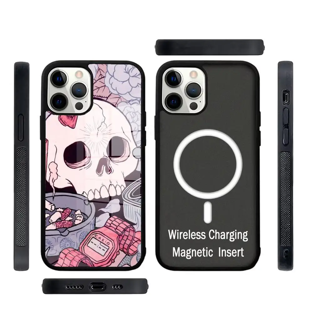 Pink Cat Skull Sorceress Witch Phone Case Glass For IPhone 16 15 Promax 14 13 Pro 12 11 Magnetic charging Covers