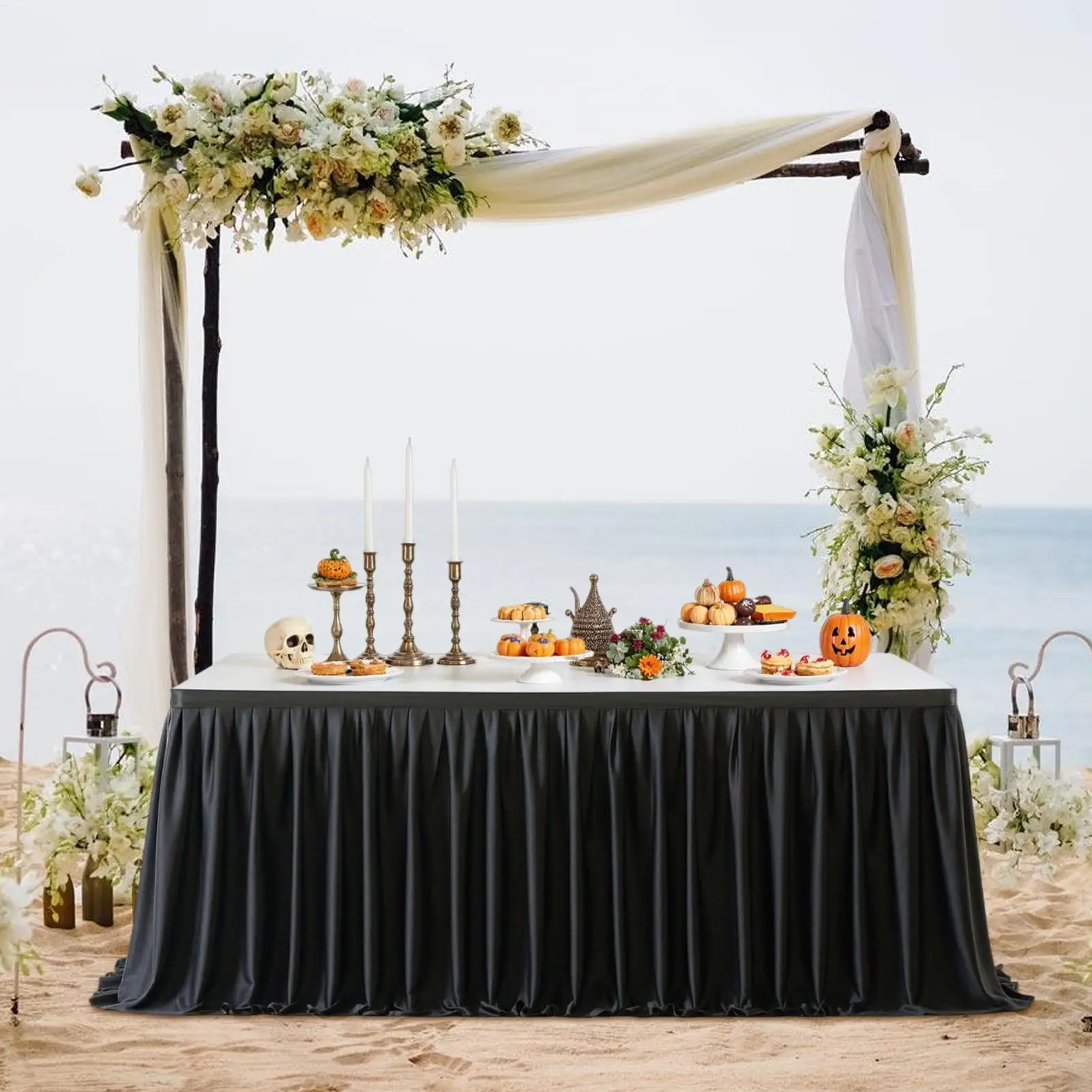 

4Ft 9Ft 14Ft Spandex Table Skirts Black Ruffle Universal Fitted Stretch Tablecloth for Party, Banquet, Wedding and Events
