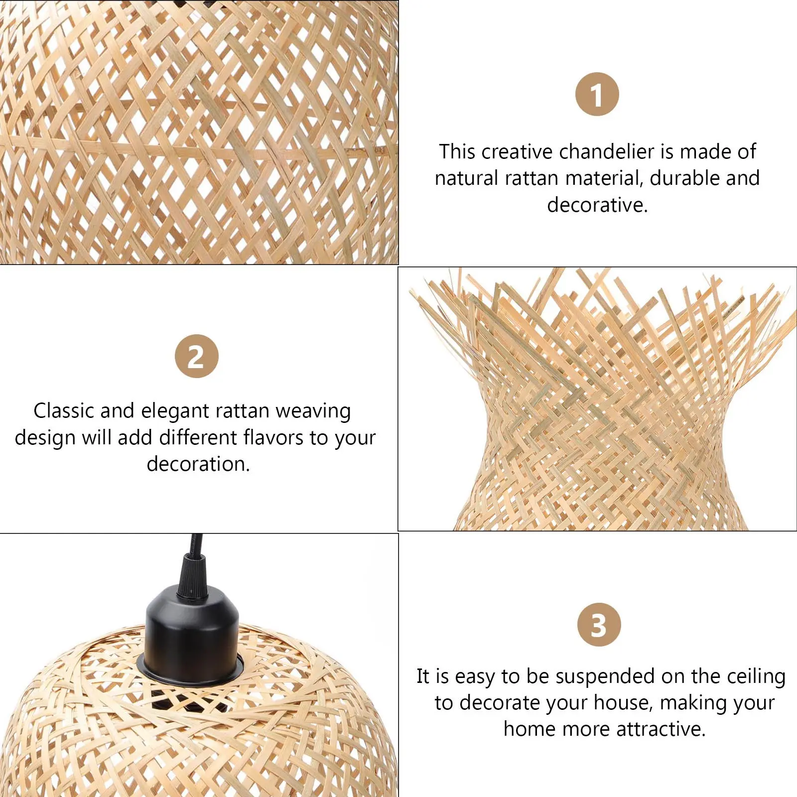 Handmade Woven Rattan Pendant Light Natural Chandelier Ceiling Lamp for Living Room Kitchen Hotel Decor