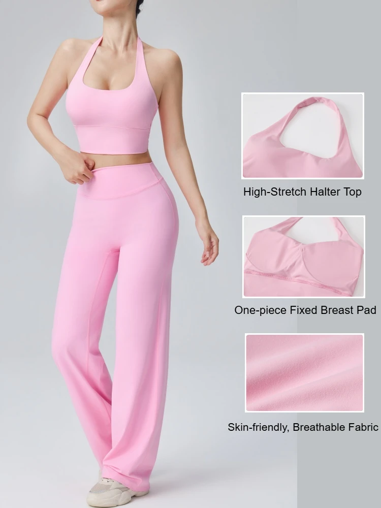 Neues Tanktop mit Neckholder-Ausschnitt und locker sitzende Yogahosen, atmungsaktives, schnelltrocknendes Sportoutfit für Fitness, Pilates, Laufen und Freizeit, Yogaset – Detail 9