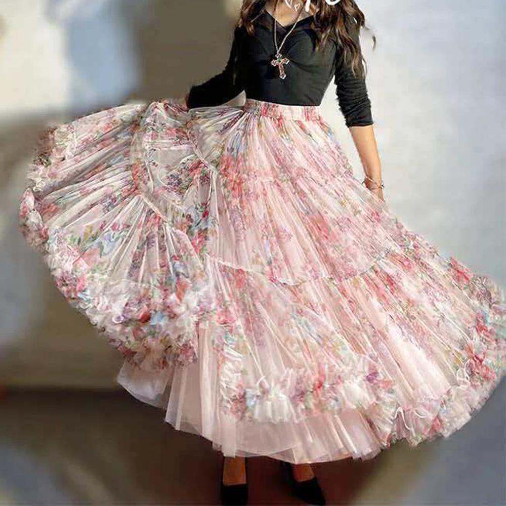 French romantic wind floral mesh skirt female high waist and thin A word big pendulum cake skirt fairy long dress