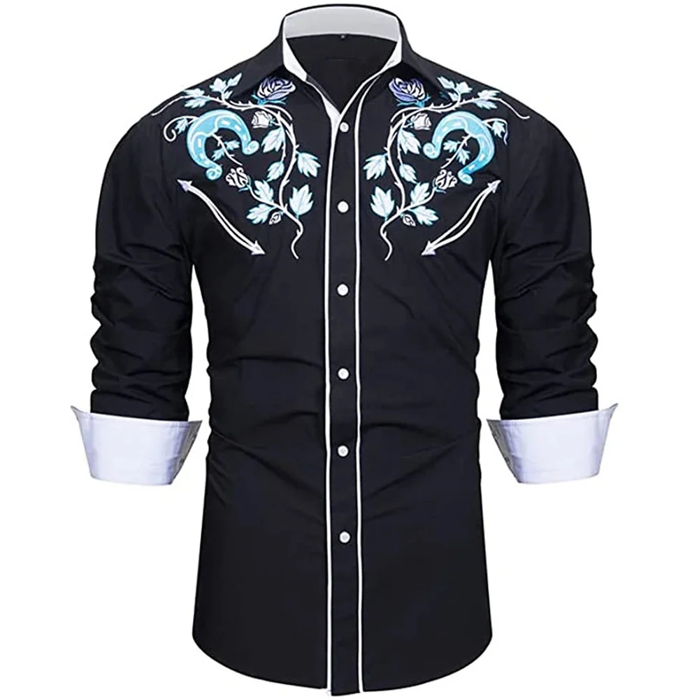 Western Style Print Men\'s Shirts Casual Single-Breasted Blouses Long Sleeve Shirt Streetwear Lapel Tops Trend Tops Men Clothing