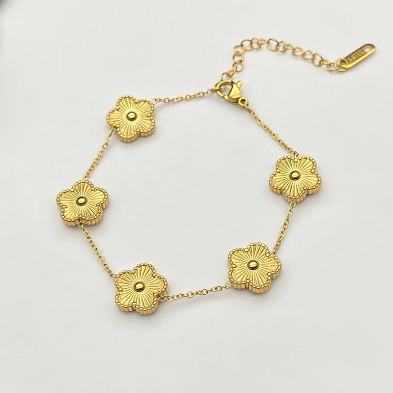 Luxury Stainless Steel Jewelry Gold Color Necklace Earrings Bracelet Set for Women Five Flower Clover Fashion Accessories 2023