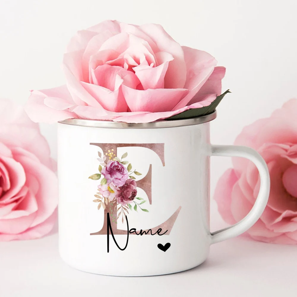 Caneca de café personalizada com letra inicial para mulheres, presentes de Natal, nome do monograma, caneca do esmalte, copos de acampamento