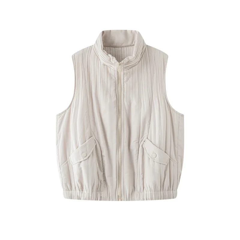 سترة نسائية شتوية مطوية موضة مزاجه بسيطة بلون سادة بدون أكمام سترات لخريف وشتاء 2025 قطع علوية فضفاضة جديدة متعددة الاستخدامات