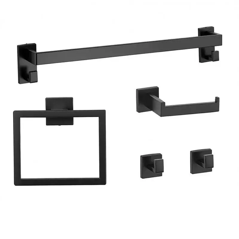 

Matte Black Bath Fixture Kit 5-Piece For Restroom Hotel Apartment Wall Mount 24-inch Towel Rail Storage Rack Robe Hooks Toilet Tissue Dispenser Alloy Steel Metal Heavy Duty Construction High-End Style Finish High Grade Modern Design Easy Installation