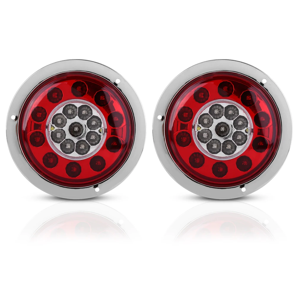 

Pair of 4.3 Inch Round 19 LED Truck Trailer Brake Stop Turn Tail Light Chrome Ring Dual Color Truck Tail Light