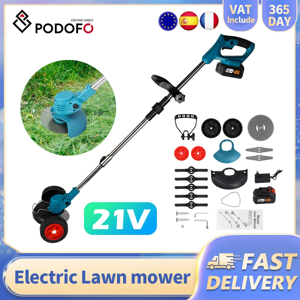 Podofo 1800W Elektrischer Rasenmäher 1500 U/min Handgeführter Kabelloser Garten-Grasschneider mit 3 Klingen Elektrowerkzeug für 21V Akku