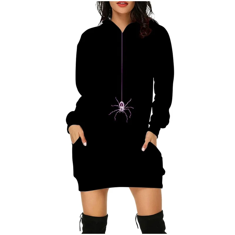 Y2k Purple Spider Web Hoodie Sweatshirt Dress Autumn Women Long Sleeve Hoodie  Fashion Halloween Oversize Hooded Pullover Dress