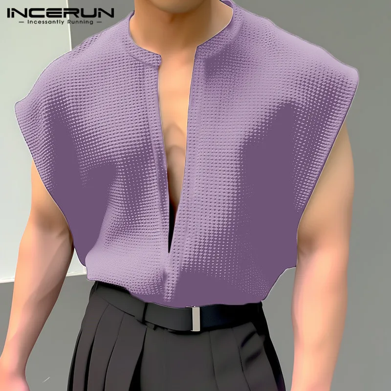 INCERUN Tops 2024 Korean Style Handsome Mens Solid Textured Vests Casual Streetwear Loose Comfortable Sleeveless Tank Tops S-5XL