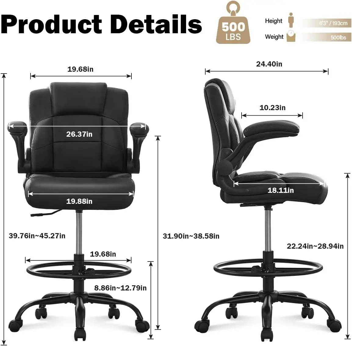 Ergonomic Drafting Chair,Tall Office Chair for Standing Desk with Flip-Up Armrests,Adjustable Foot Ring & Height, High Leather E