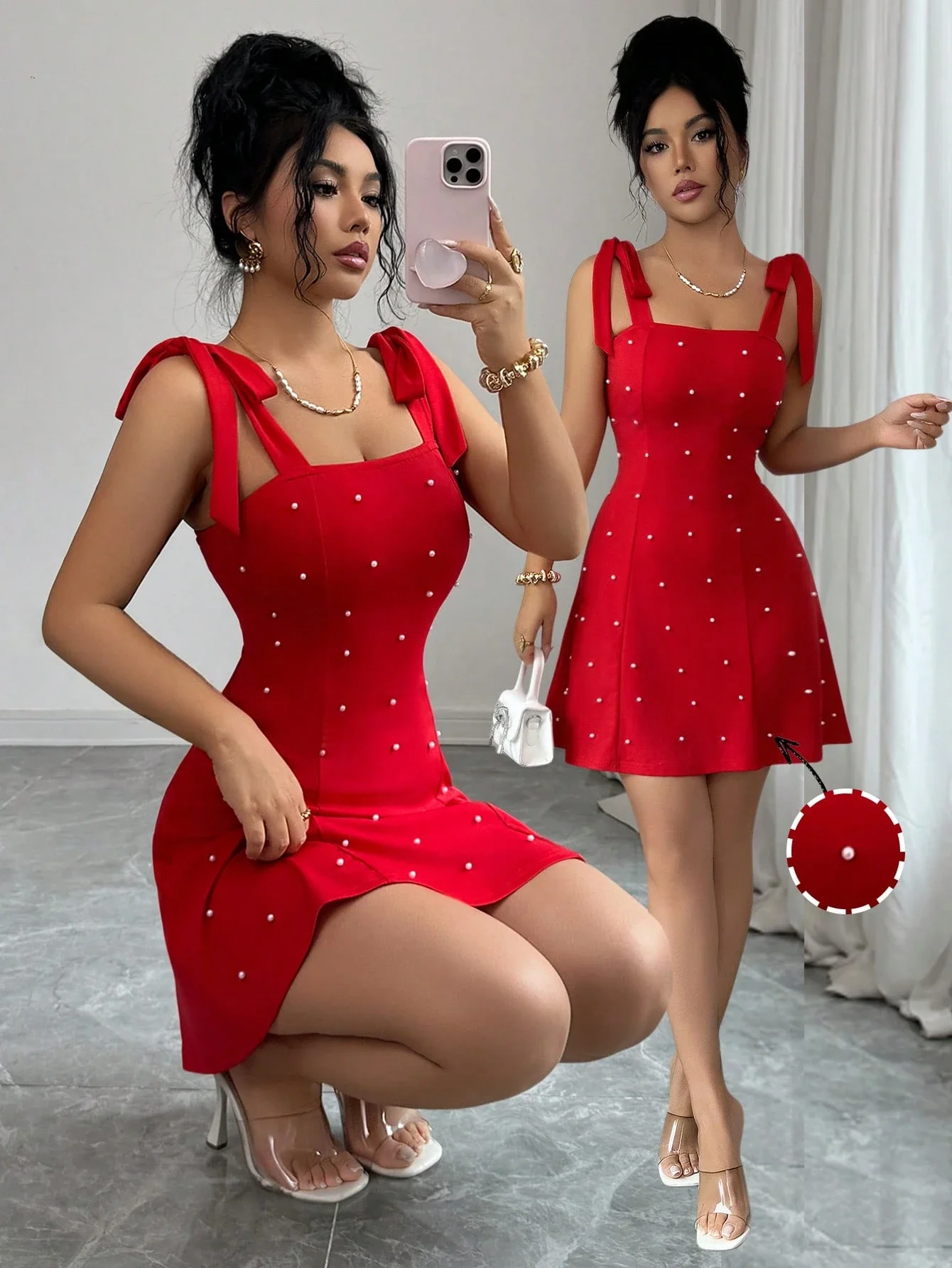 

Red Pearl Embellished Bow Shoulder Strap Fitted A-Line Mini Dress