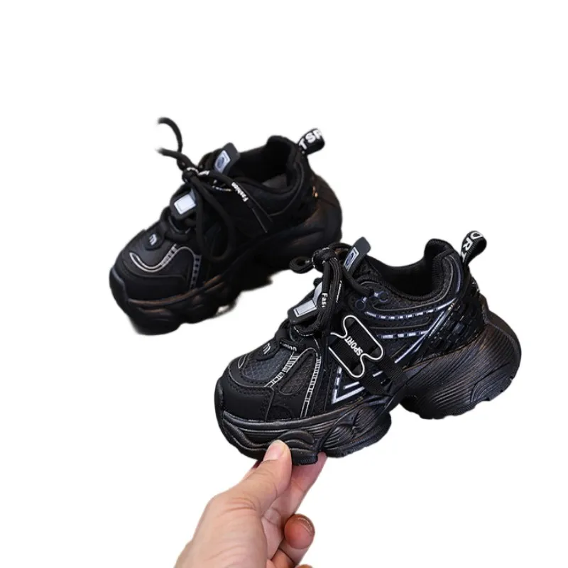 

2025 autumn new Black pu leather girls' sports shoes baby soft soled walking shoes boys' casual dad running shoes Size 21-30