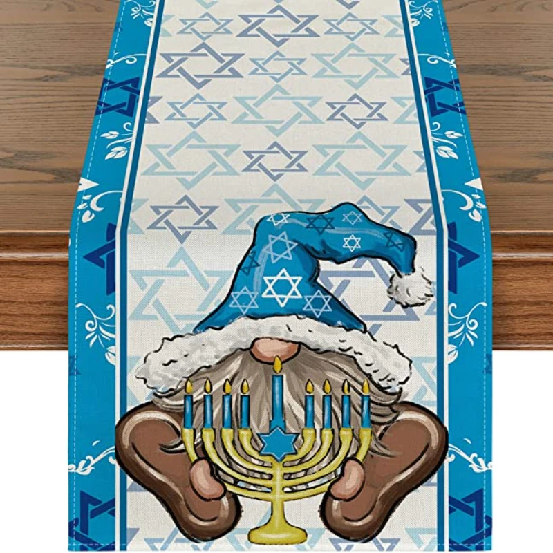 Happy Hanukkah Table Runner, Jewish Seasonal Hanukkah Kitchen Table Decoration for Indoor Outdoor Family Gatherings