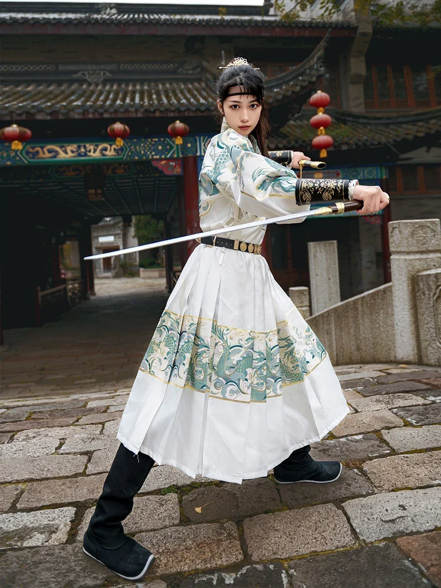 Traje Hanfu chino antiguo para hombre, conjunto de falda superior y cinturón, traje samurái, bata Hanfu, artes marciales, estampado de dragón, traje de pez volador