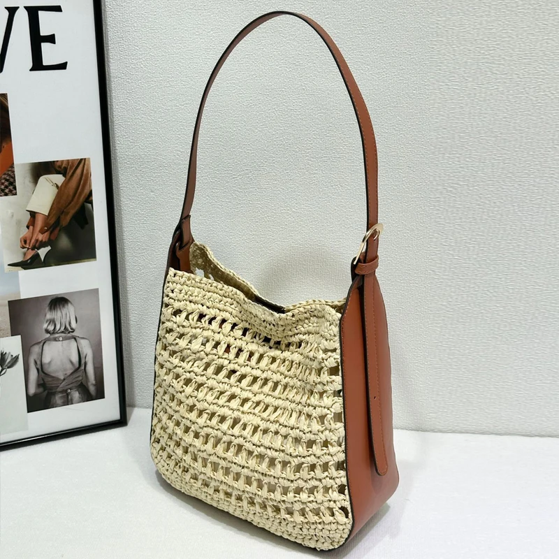 

Beach Straw Bags For Women Luxury Designer Handbags And Purses 2026 New In Papyrus Weaving PU Splicing Hollow Underarm Shoulder