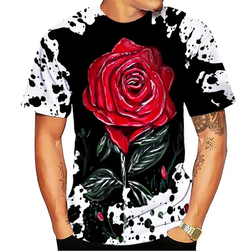 Rose Pattern T-Shirt Men's Street Fashion 3d Printing Creative Harajuku Short Sleeve Summer Casual Neutral Quality Clothing Top