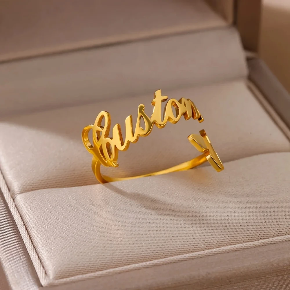 Custom Butterfly Name Rings For Women Gold Color Personalized Stainless Steel Butterfly Resizable Ring Waterproof Jewelry Gift