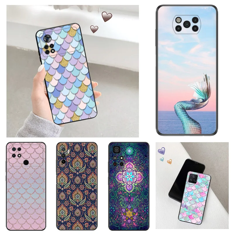 Black Matte Mermaid Mandala Dreamcatcher Anti-Drop Phone Case For Xiaomi Poco C51 C50 C40 M5 M4 M3 X5 X4 X3Pro F5 F4 F3 F1 Cover