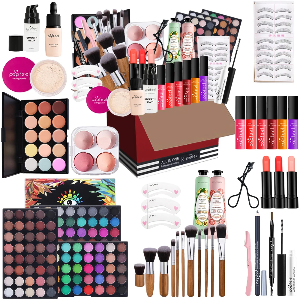All-in-One Makeup Kit Pro Cosmetic Set Damen Komplettset Lidschatten Lippenstift Pinsel Primer Puder Wimpern für Anfänger Experten