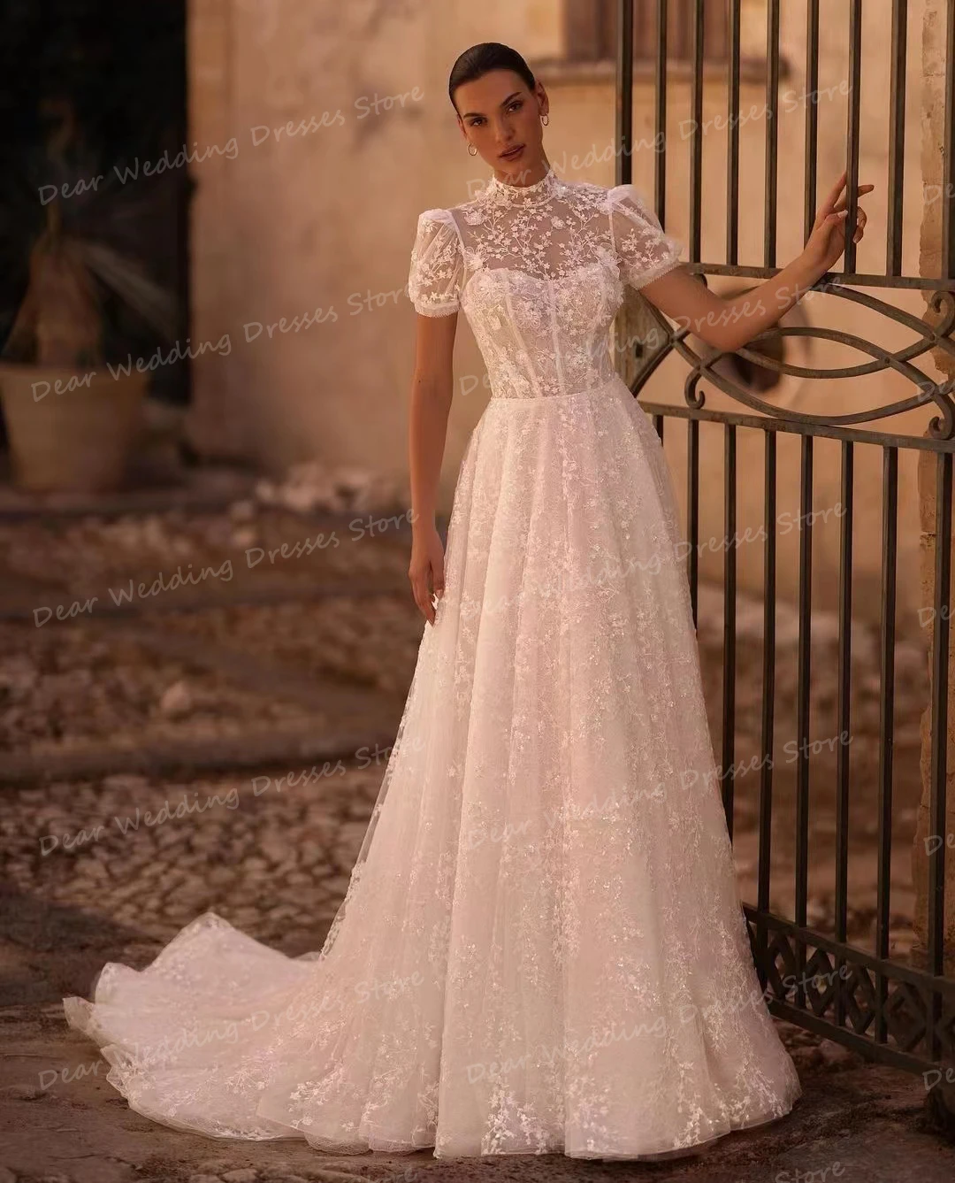 Exquisitos Vestidos de novia de cuello alto para mujer, línea A, Sexy, escote Corazón, apliques de encaje, manga corta, Vestidos de novia formales, 2024