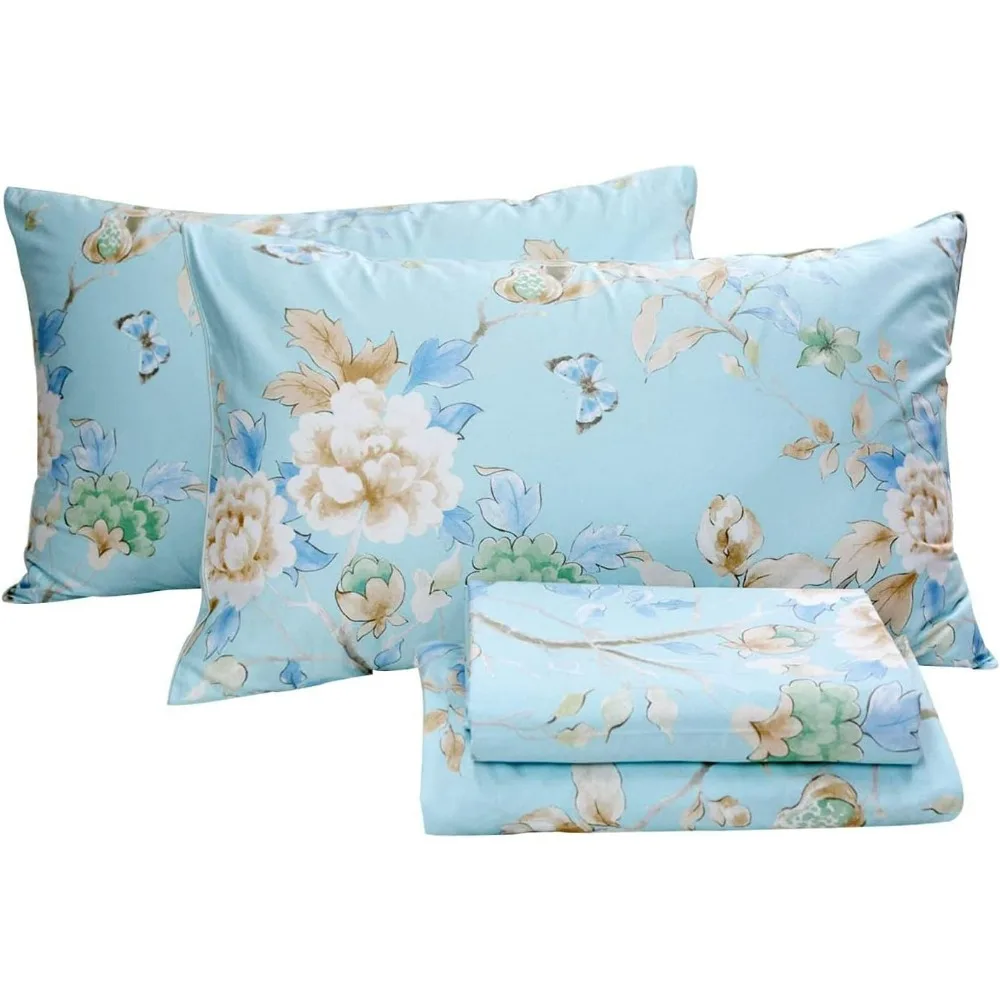 Floral Bedding Sheet Set, Butterfly Bird Print Blue Bed Sheet Set, Luxury Bedding 800 Thread Count 100% Egyptian Cotton