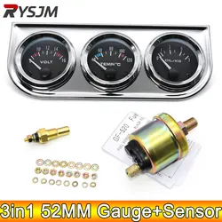 AD 52MM Water Temperature Gauge Celsius Oil Pressure Meter Voltmeter Chrome 3 in 1 Gauge Kit With Sensor Car Motorcycle Meter