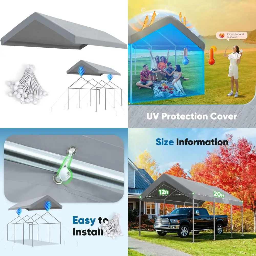 

Gray 12x20 ft Carport Canopy Replacement Top Cover Tarp with Ball Bungees, Outdoor Shelter Roof Only, Durable Weather Protection