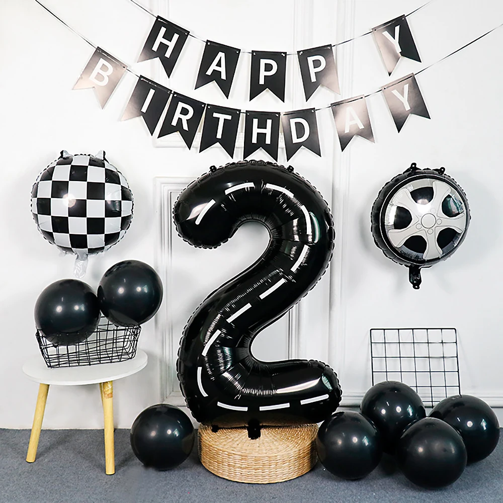 40Inch Race Car Birthday Balloons Large Black Number Balloon Happy Birthday Balloons Kids Boy Birthday Favors Racing Party Decor