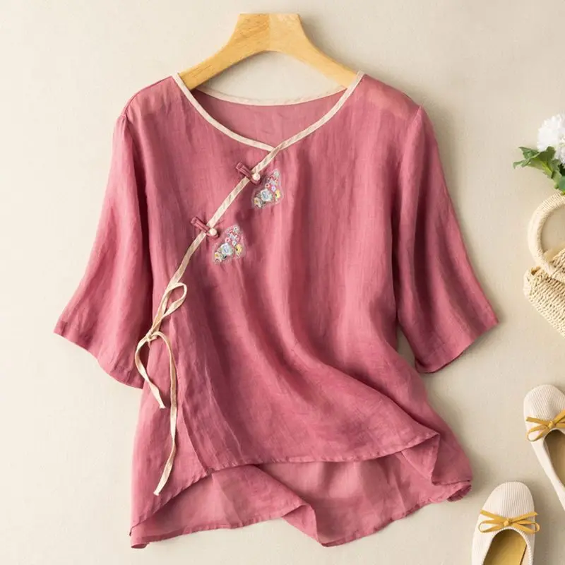 Women Summer Simplicity Loose Embroidered Solid Color Cotton and Linen O-neck Short Sleeve Shirts Ladies Fashion All-match Tops