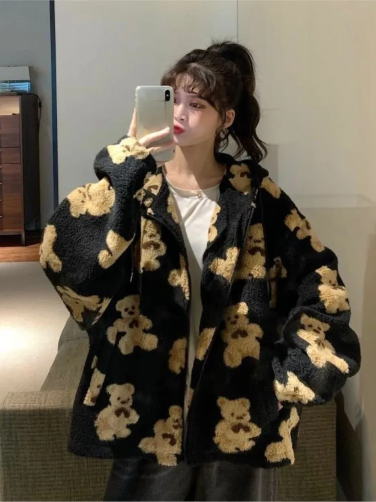 

Women's Clothing 2025 Spring Print Loose Zipper Sweater Long Sleeve Top Winter Outerwear Hooded Coat Warm Cardigan Korean Y2K