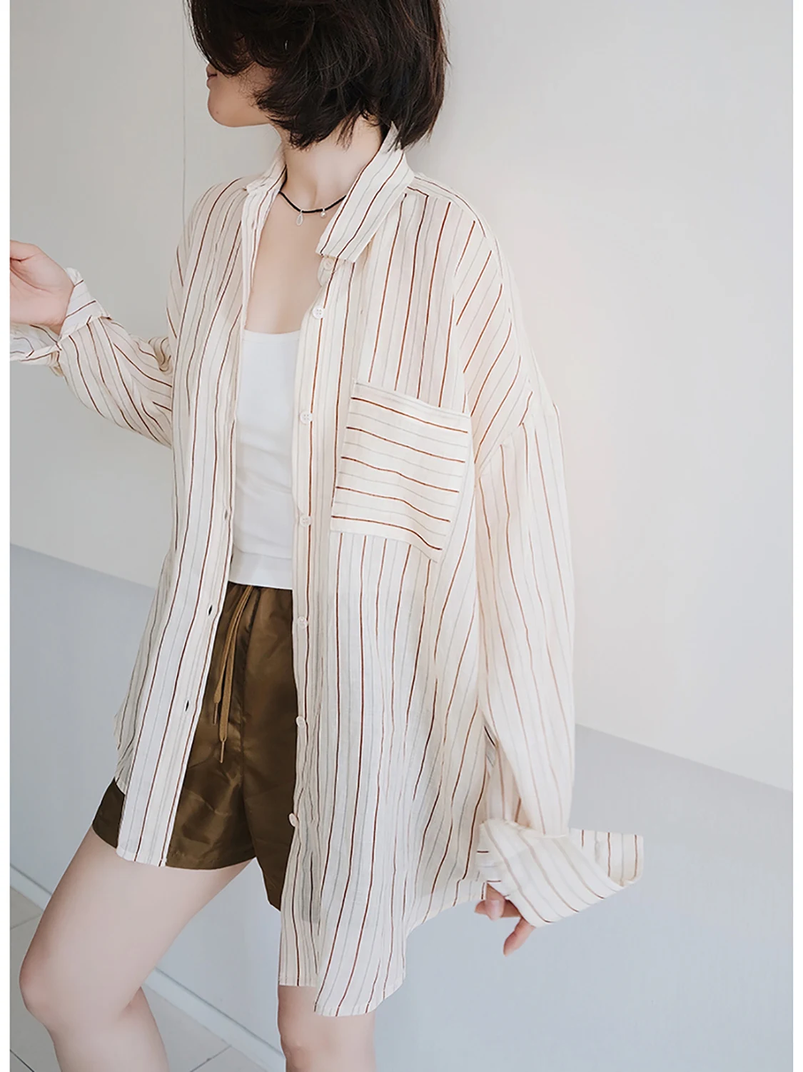 

Linen Striped Printed Pocket Shirt Women's Skin-friendly Breathable Long Sleeve Ultra-thin Loose Fit Summer Fashion Shirt