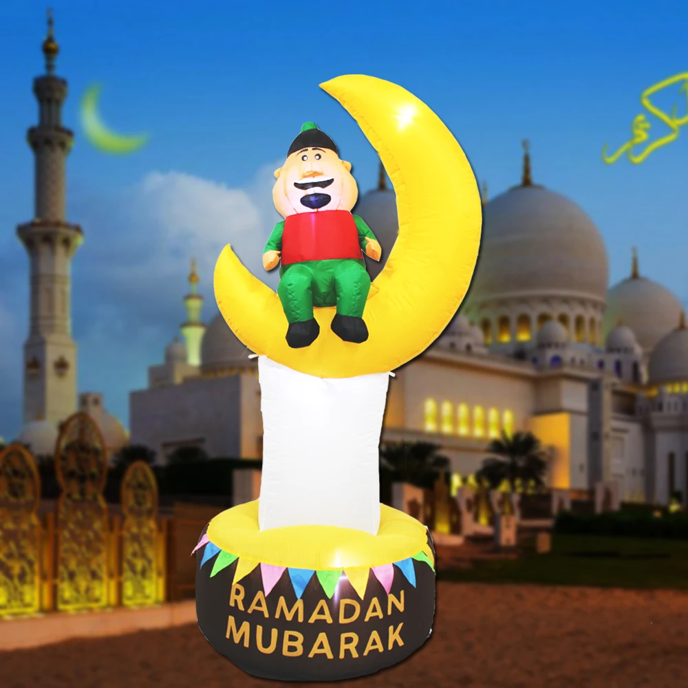 6ft Lighted Inflatable Ramadan Eid Mubarak Moon Decoration Blow up Islamic Eid Muslim Holy Celebration Decor for Outdoor Holiday