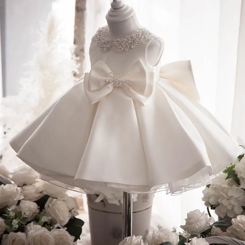Toddler White Wedding Satin Princess Baby Girl Dress Bow 1 Year Birthday Evening Party Newborn Christening Dress for Girl Clothe