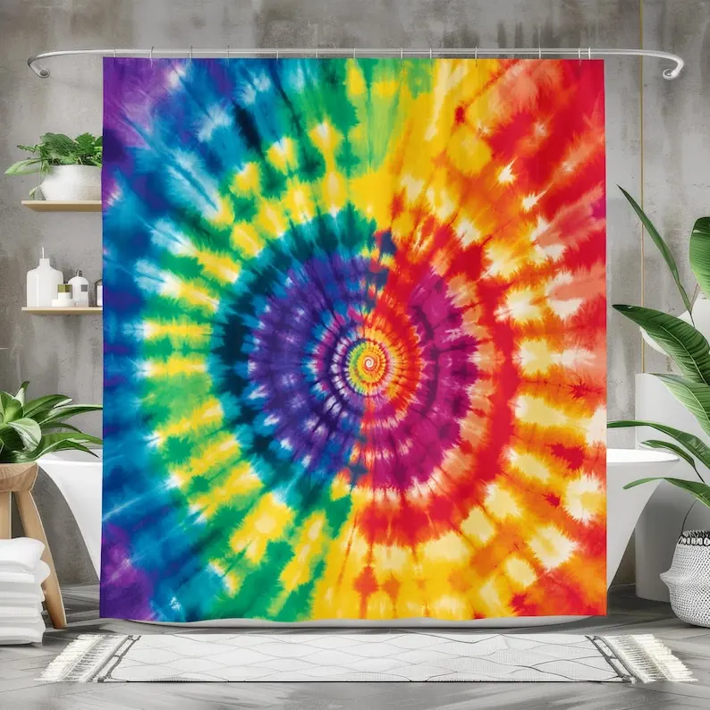 

Rainbow Tie Dye Shower Curtain, Colorful Bath Curtain, Bathroom Decor, Waterproof Fabric, Spiral Design, Boho Hippie Style