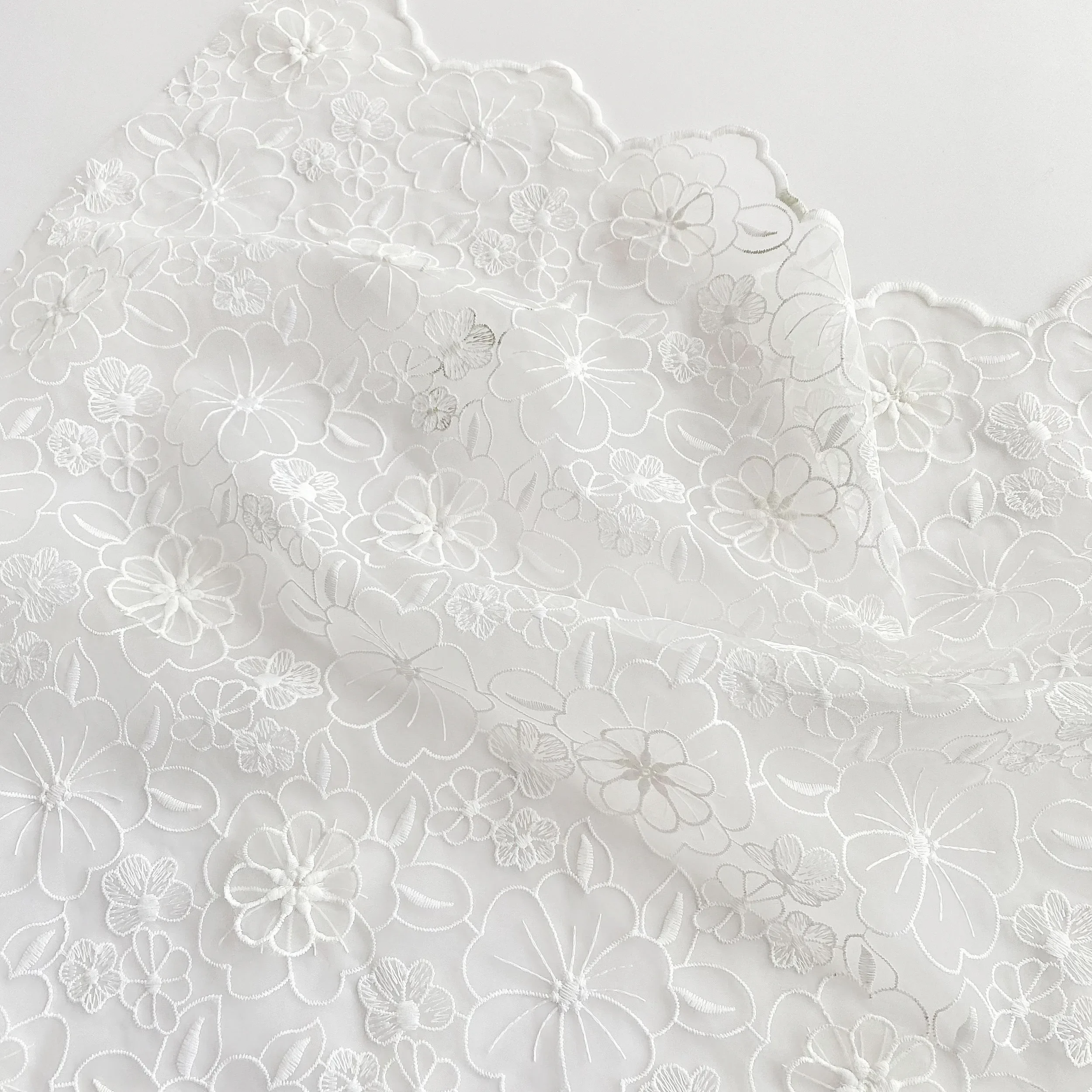 Tessuto di pizzo ricamato a doppio strato in organza bianca pura 3D Abbigliamento di moda Abito da sposa Panno fatto a mano fai da te