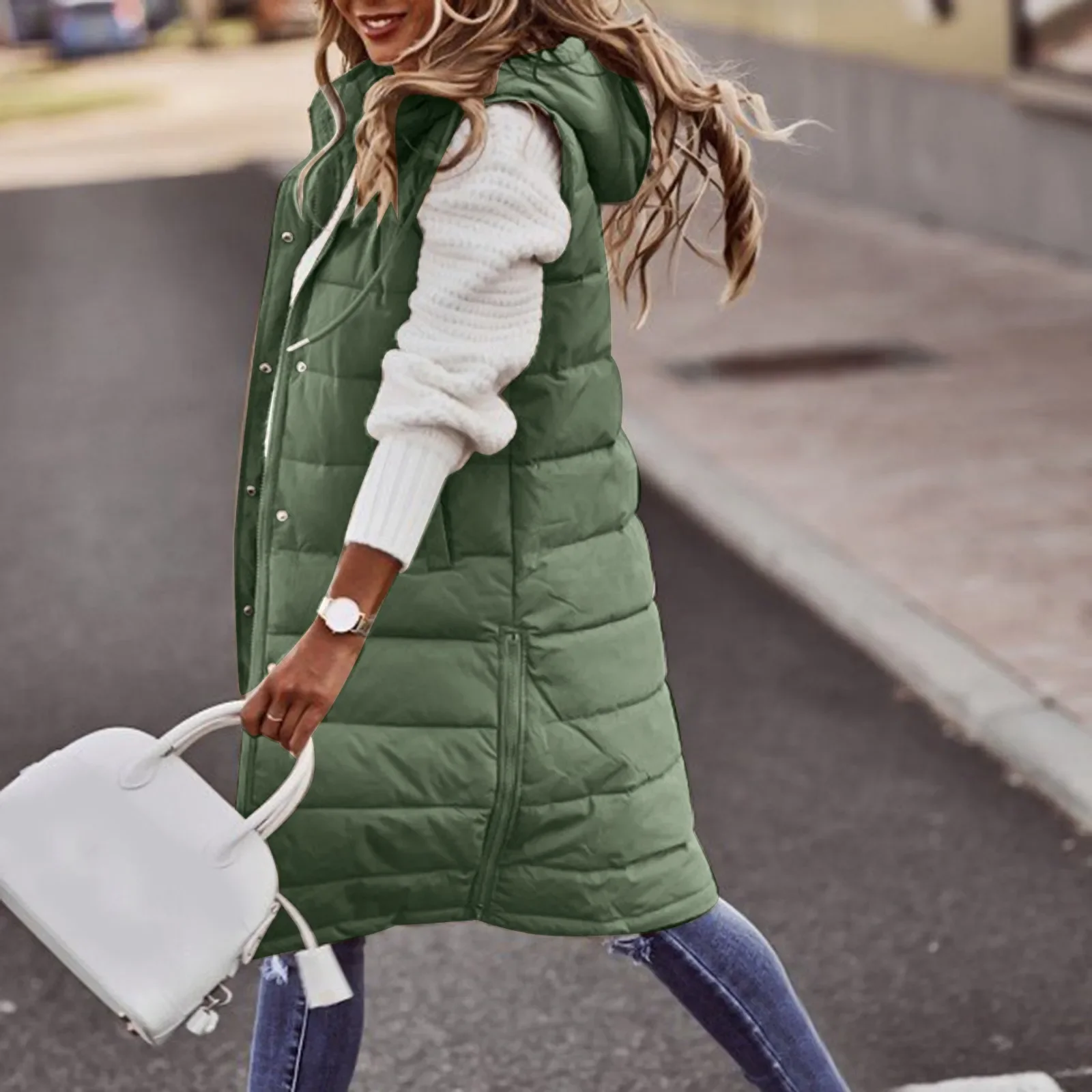 Women'S Long Winter Coats Vest With Hood Quilted Vest Down Cotton Jacket Sleeveless Warm Coat With Pockets Outdoor Jackets S-2xl