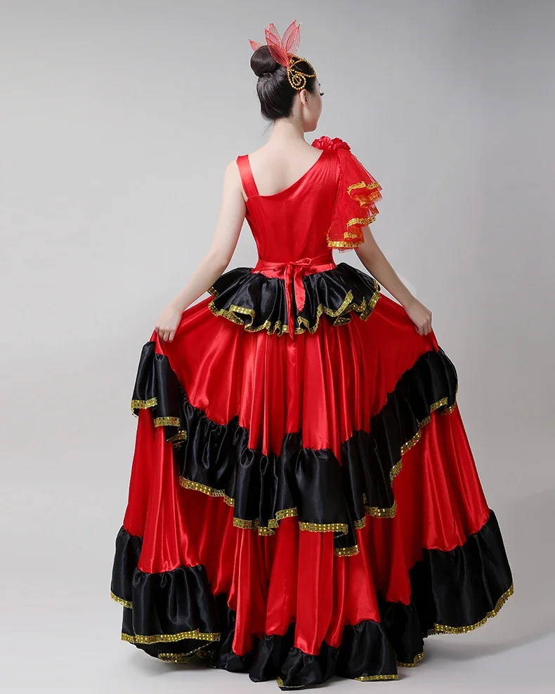 Jupe de flamenco pour adultes, costume de danse espagnole, grande balançoire d'ouverture, jupe gitane rouge, performance sur scène