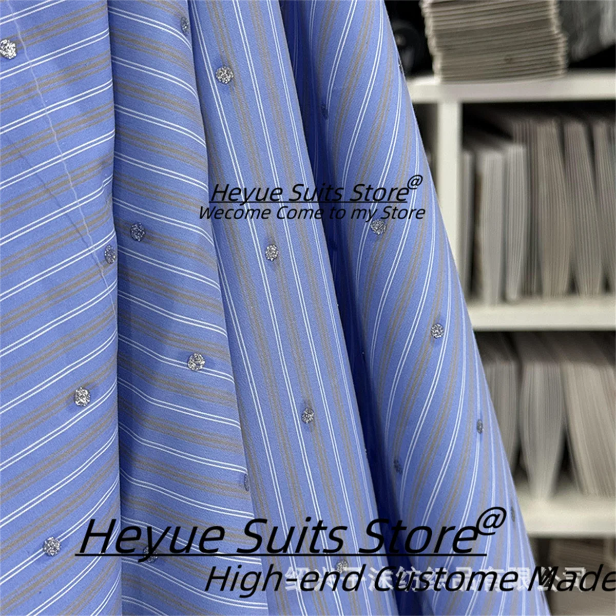 Shiny Blue Striped Men Suits Luxurious Rhinestone Decorated Groom Wedding Tuxedo Customized Slim Fit 3 Pieces Sets Costume Homme