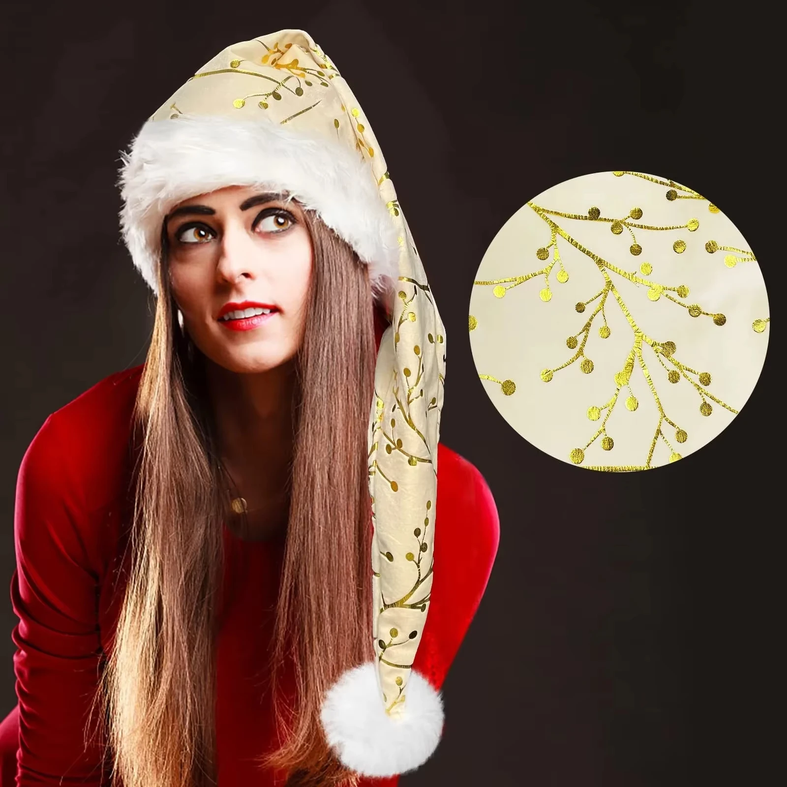 قبعة ختم ذهبية ناعمة لعيد الميلاد من القطيفة قبعة سانتا مزخرفة للاحتفال بالشتاء في عيد الميلاد ورأس السنة الجديدة