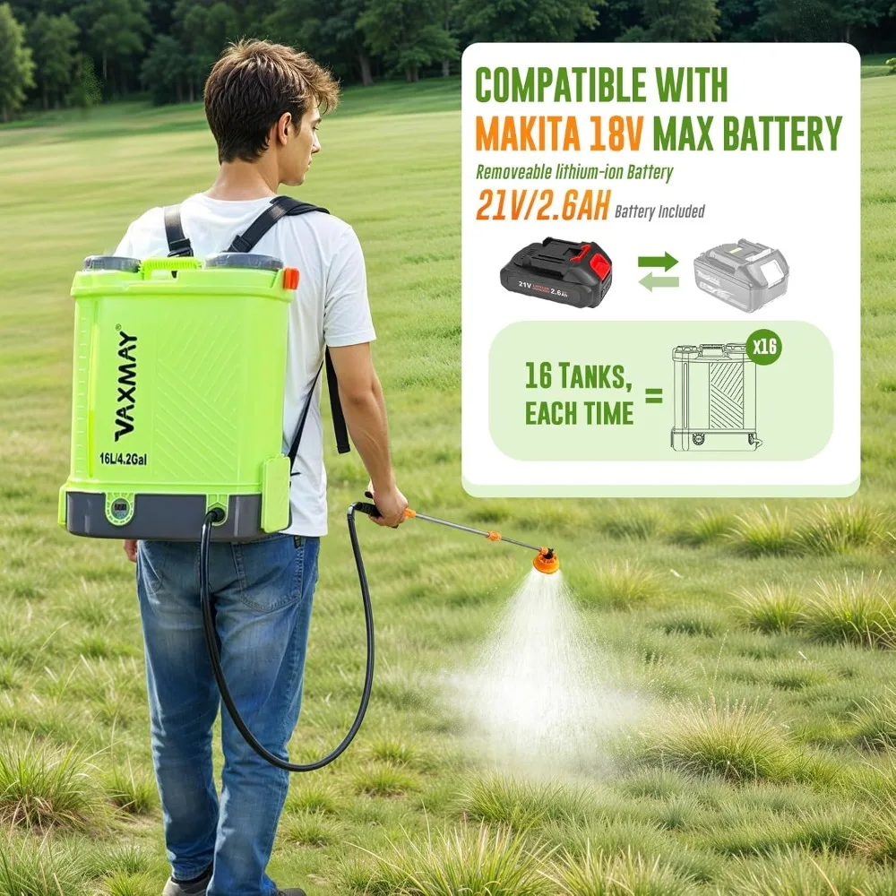 

Battery Powered Backpack Sprayer 4 Gallon, 100 PSI Electric Graden Sprayer Works with Makita 18V Battery, Weed Yard Sprayer