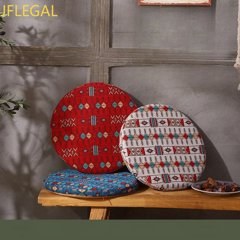 Chenille Round Seat Cushion Bohemian Ethnic Geometric Pattern Anti‑Slip Chair Pad for Dining Office Chair Home Decoration