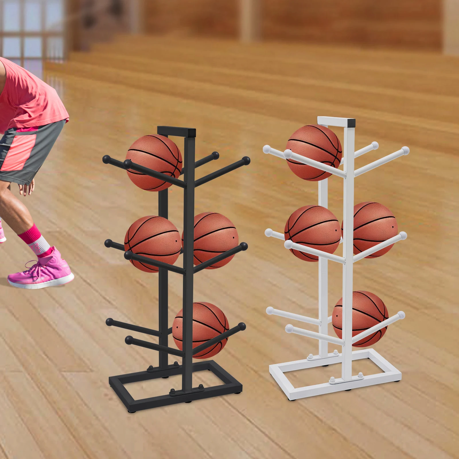 Indoor Basketball Storage Rack 3 Tiers Put Ball Football Storage Basket Placed Rack 6 Capacity Basketball Organizers for Childre